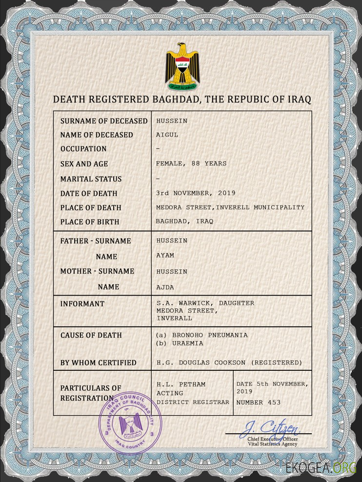 Modèle PSD de certificat de décès d'état civil en Irak